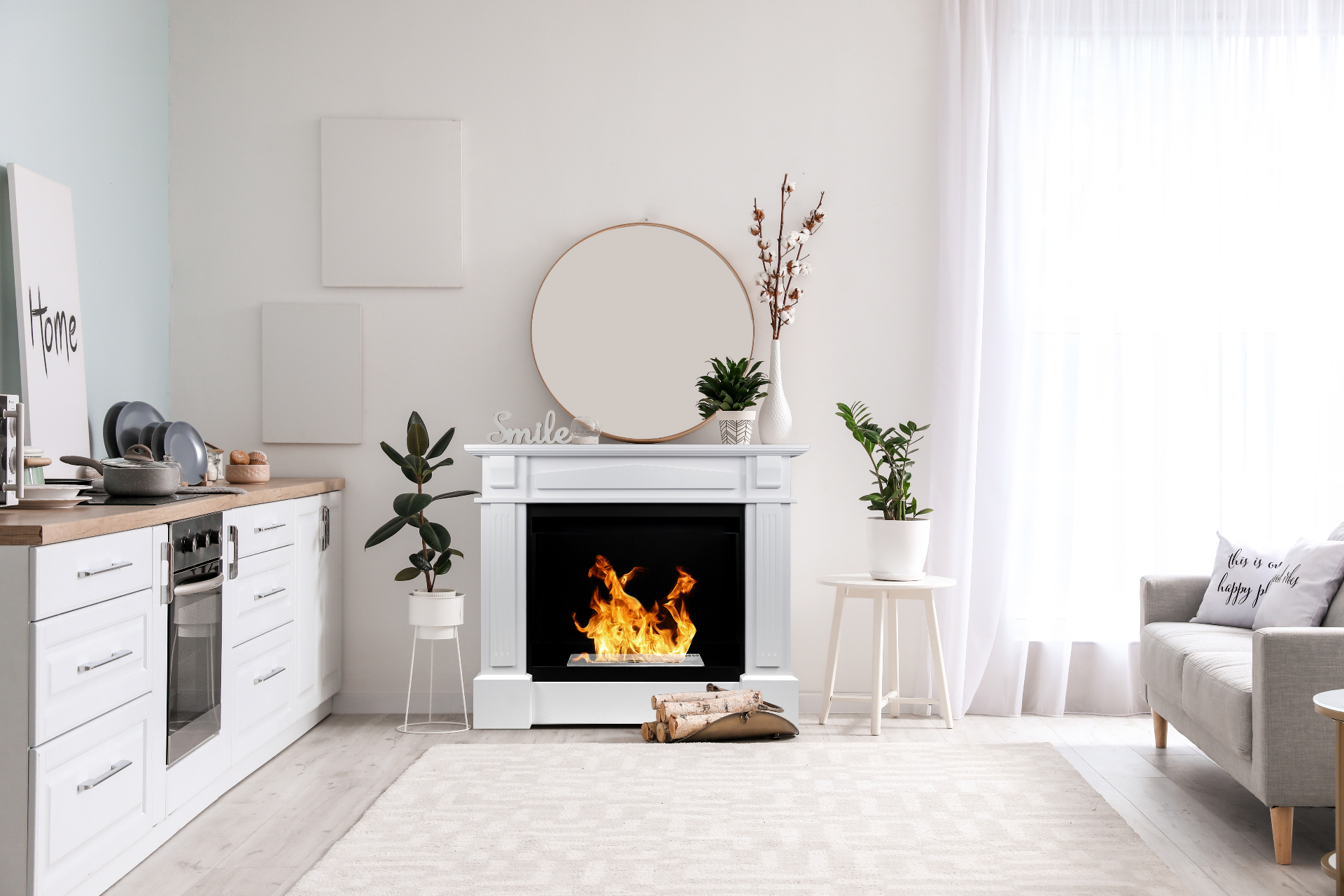 Portal Werona bioethanol fireplace in a bright Scandinavian living room