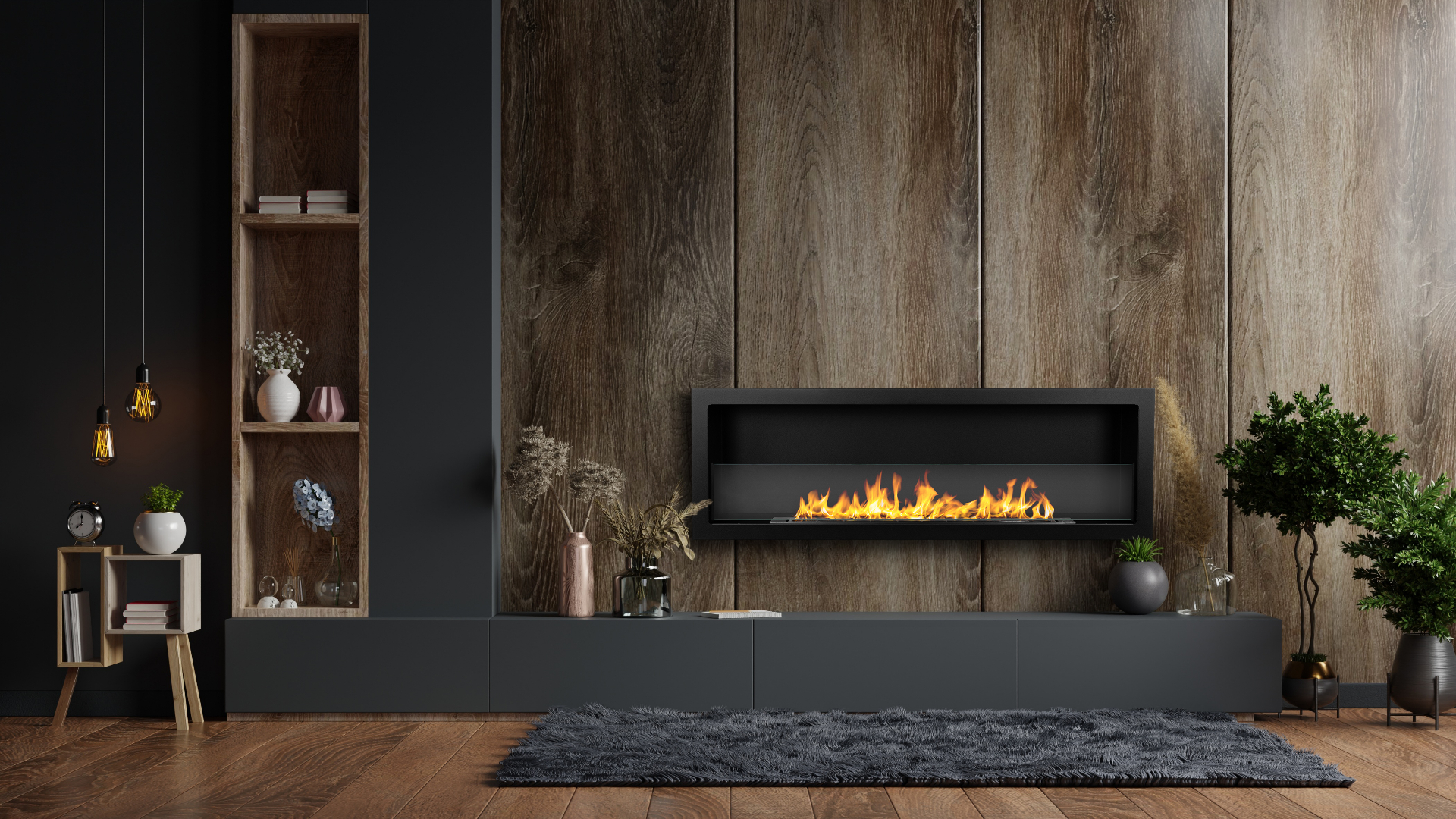 S-Line 1200 black matt linear fireplace on a wood-panelled feature wall