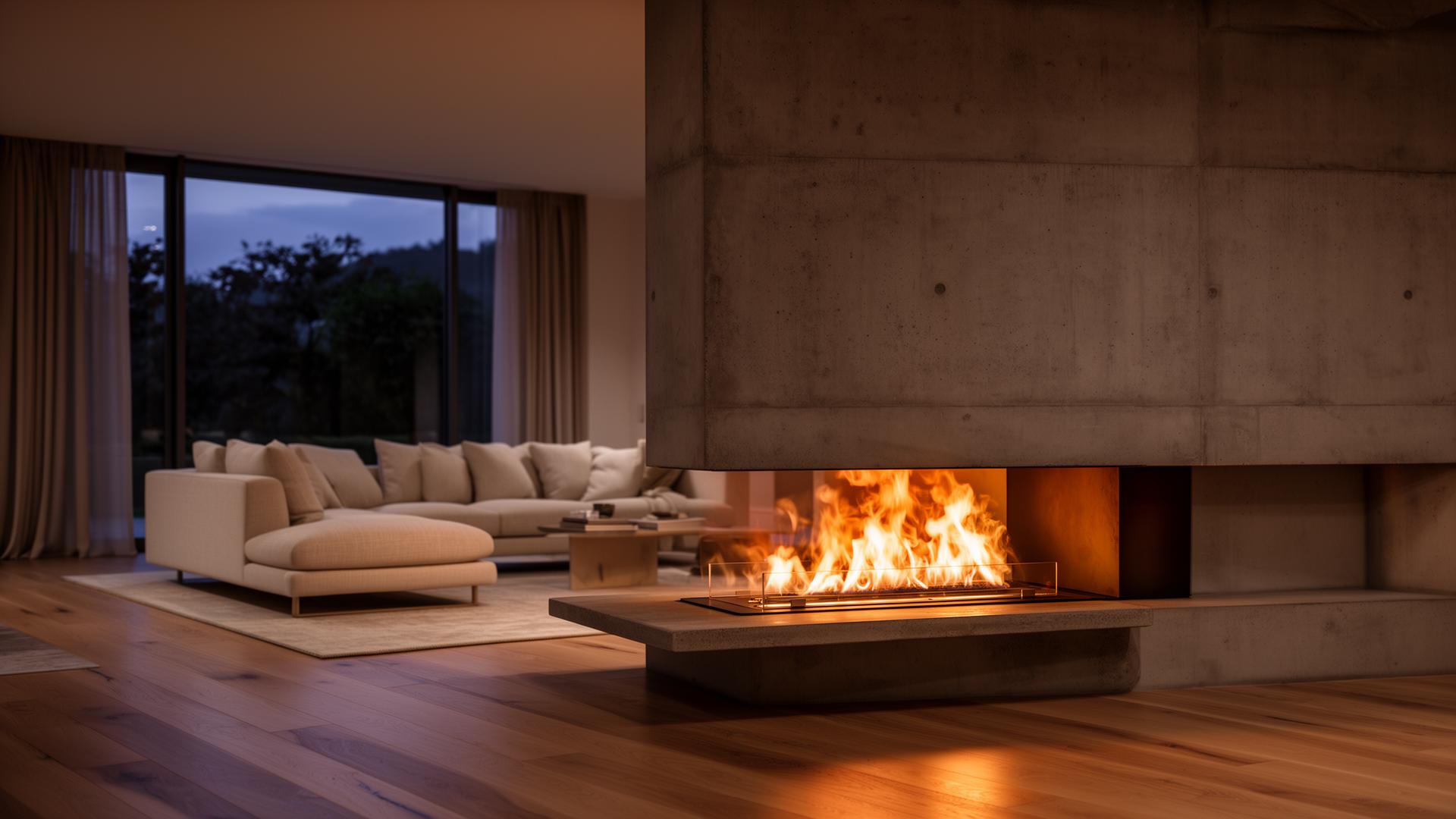 Modern living room with a Pure Fire bioethanol fireplace at dusk
